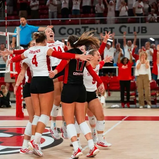 Volleyball players celebrating in a huddle