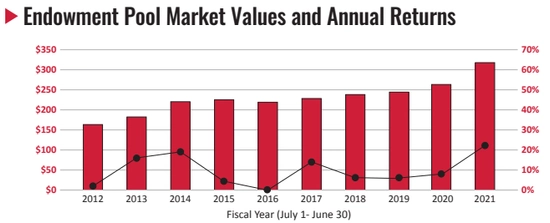 Endowment pool market values and annual returns.