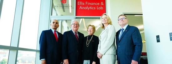 Dean Venky Venkatachalam, Gary Ellis, Sue Ellis, USD President Sheila K. Gestring and USD Foundation President Steve Brown pose outside the new Ellis Lab.